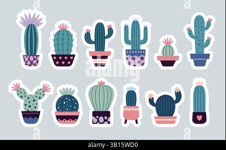 Ensemble de cactus fleuris colorés, succulent dans des autocollants de pot. Mignon cactus dessiné à la main. Style griffon, design plat. Scandinave, style boho. Vecteur. Plante exotique et tropicale, pack de stickers décoration maison Illustration de Vecteur