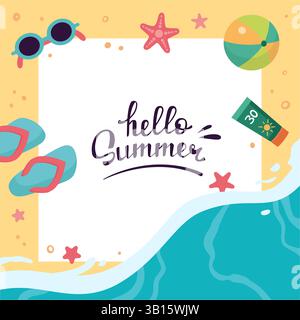 Espace de copie d'été, modèle de cadre carré. Bonjour lettrage d'été. Modèle de conception d'été, illustration vectorielle. Conception de la mise en page. Plage de sable avec vagues de mer. Bannière d'été, fond. Concept de vacances Illustration de Vecteur