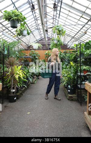 Jeune femme à la mode Shopping dans la serre avec panier Banque D'Images