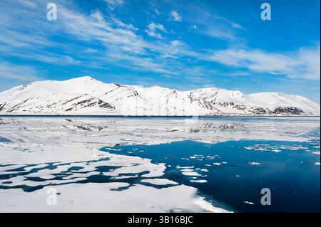 La glace flotte sur les eaux arctiques faisant face au glacier de Monaco, Norvège, Svalbard Banque D'Images