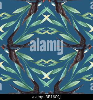 Élégant motif bleu sans couture avec des hirondelles oiseaux et feuillage. Aquarelle florale avec fond sombre. Parfait pour arrangement romantique, saisonnier Banque D'Images