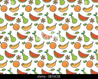 Motif sans couture de symbole de fruit d'été. Graphique de trait de ligne de contour noir dessiné à la main, dessin coloré linéaire de style dessin animé de doodle. Fond blanc Illustration de Vecteur