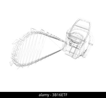 Dessin noir et blanc d'une tronçonneuse. La tronçonneuse est représentée au premier plan et la poignée en arrière-plan. La tronçonneuse est illustrée avec un cha Illustration de Vecteur