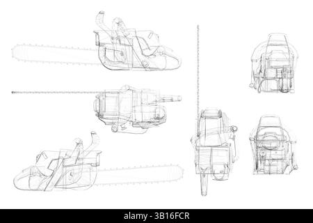 Dessin d'une tronçonneuse avec un homme au milieu. Le dessin est en noir et blanc Illustration de Vecteur