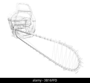 Gros plan d'une tronçonneuse entourée d'une chaîne. La tronçonneuse est un outil utilisé pour couper du bois et d'autres matériaux. L'image est en noir et w Illustration de Vecteur
