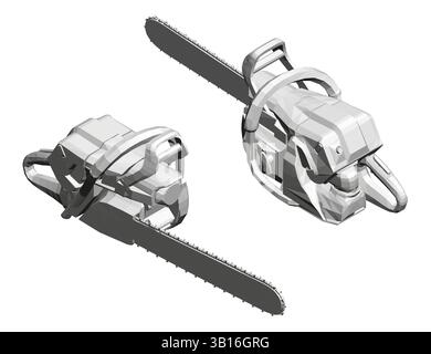 Deux tronçonneuses sont représentées sur fond blanc. Les tronçonneuses sont toutes deux noires et ont un design similaire. Vue isométrique. 3D. Illustration de Vecteur
