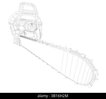 Dessin noir et blanc d'une tronçonneuse. La tronçonneuse est montrée en gros plan, avec le manche et la lame clairement visibles. Concept de pouvoir et de dang Illustration de Vecteur