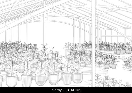 Un dessin d'une serre avec de nombreuses plantes dedans. Les plantes sont en pots et la serre est très grande Illustration de Vecteur