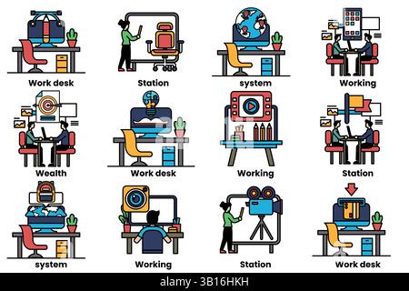 Un ensemble d'illustrations dans le concept de bureaux et d'équipements d'affaires dans un style de ligne Illustration de Vecteur