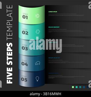 Un modèle d'infographie dynamique en cinq étapes avec des couleurs dégradées. Chaque étape est mise en évidence avec une couleur unique et contient des espaces réservés de texte pour customi Illustration de Vecteur