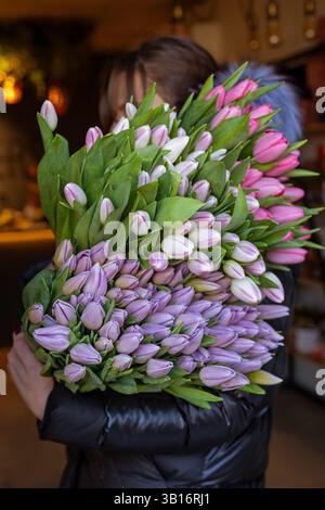 Personne tenant un grand bouquet de tulipes roses, blanches et lavandes avec des feuilles vertes. Banque D'Images