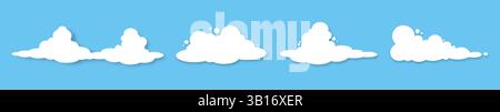Un ensemble d'icônes de nuages moelleux blancs avec une ombre sur un fond bleu. Illustration de Vecteur