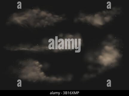 Poussière fumée. Fumée blanche réaliste et nuage de sable avec des particules, tempête de sable du désert ou traînées de poussière, gaz d'échappement de voiture. Éléments de pollution atmosphérique. Ensemble isolé de vecteur. Illustration de Vecteur