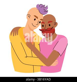 Couple gay interracial embrassant illustration isolé sur blanc. Hommes LGBT heureux et souriants dans une relation amoureuse Illustration de Vecteur
