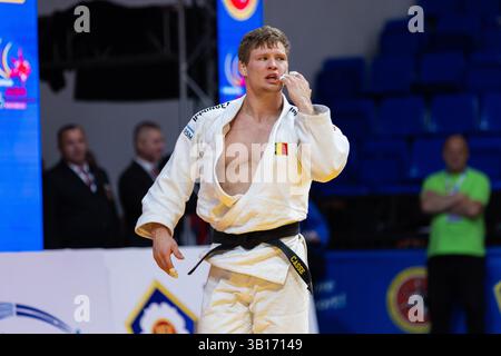 Podgorica, Monténégro. 25 avril 2025. Le belge Matthias casse réagit lors d'un combat chez les hommes -81kg, lors des Championnats d'Europe de judo à Podgorica, Monténégro, le vendredi 25 avril 2025. Le tournoi se déroule du 23 au 27 avril 2025. BELGA PHOTO NIKOLA KRISTC crédit : Belga News Agency/Alamy Live News Banque D'Images
