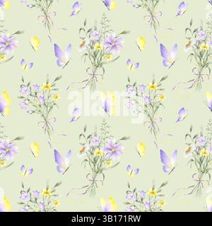 Fleurs sauvages chellfleur, papillon et herbes de prairie en bouquets ruban noué arc et papillons. Motif aquarelle de fleur sans couture sur vert clair. H Banque D'Images
