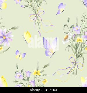 Fleurs sauvages chellfleur, papillon et herbes de prairie en bouquets ruban noué arc et papillons. Motif d'aquarelle florale sans couture sur vert clair. H Banque D'Images