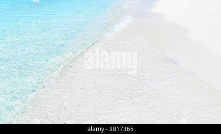 Vue de dessus de la plage tropicale avec du sable blanc et de l'eau turquoise bleu clair de l'océan dans la lumière naturelle du soleil, fond de paysage paisible minimaliste Banque D'Images