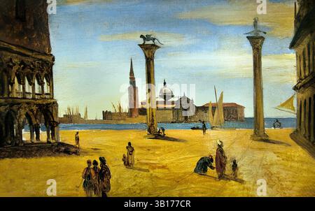 Venise la Piazzetta 1843 par Jean Baptiste Camille Corot 1796-1875 France Louvre Paris, Musée des Beaux-Arts, France, la Piazzetta de Venise est une petite extension de la Piazza San Marco, située sur le front de mer. Il est flanqué par le Palais des Doges et la Bibliothèque, avec deux colonnes proéminentes marquant son entrée depuis le lagon. Ces colonnes sont surmontées de statues de saints patrons de Venise : marquez le Lion et marquez Théodore avec un crocodile. La Piazzetta est un endroit populaire pour les visiteurs de profiter de la vue sur le lagon et les monuments environnants. Banque D'Images