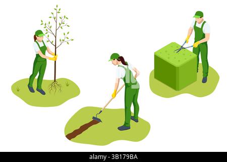 Culture agricole. Deux personnes préparent le champ en creusant des rangées, en plantant un jeune arbre, et en taillant la verdure décorative dans un et propre Illustration de Vecteur