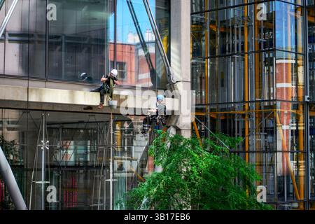 Des ouvriers suspendus à des cordes travaillent sur un bâtiment moderne en verre, reflétant l'environnement urbain par une journée lumineuse. Banque D'Images