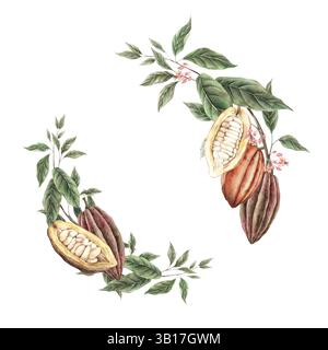 Branches d'arbres tropicaux avec des feuilles vertes et des fèves de cacao marron et orange. Couronne ronde botanique aquarelle, adaptée à la conception d'emballage alimentaire sucré Banque D'Images