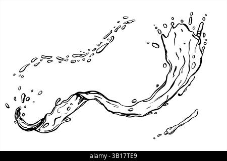 Vecteur monochrome éclaboussure d'eau et gouttes illustration peinte par des encres noires. Texture de vague d'eau avec croquis graphique à bulles pour la marque de boisson Illustration de Vecteur
