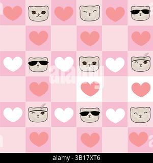 Plaid rose coeurs blancs et chat. Motif sans coutures pour la Saint-Valentin Illustration de Vecteur