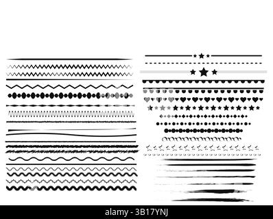 Ensemble de 40 lignes décoratives dessinées Han ou bordure. Han dessiné bordure décorative ou lignes vectorielles de pinceau grunge, séparateurs de ligne pour les projets de conception graphique. Illustration de Vecteur