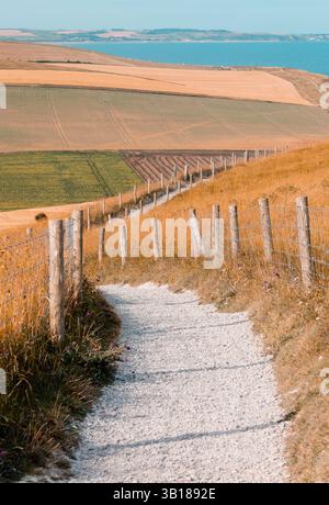 Sentier de randonnée le long du sentier du Cap Blanc-nez, France, avec des falaises côtières pittoresques et des champs verdoyants surplombant la Manche. Banque D'Images