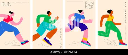 Figurines de coureurs abstraites. Illustration colorée d'un groupe de personnes, hommes et femmes, marathon en cours d'exécution ensemble Illustration de Vecteur