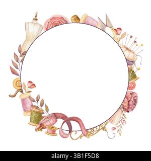 Cadre rond avec outils de couture aquarelle et espace de copie. Modèle floral vintage dessiné à la main avec mannequin féminin et coussin d'épingle. Parfait pour tailleur Banque D'Images