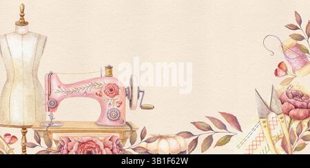 Bannière aquarelle avec mannequin et machine à coudre. Modèle vintage dessiné à la main avec cisailles de fil et espace de copie floral. Parfait pour le magasin de tailleur ou Banque D'Images