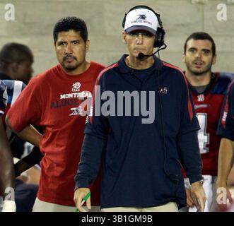 03 septembre 2010 - Montréal, Québec, Canada - MONTRÉAL, QUÉBEC : 3 SEPTEMBRE 2010 -- le quarterback des Alouettes de Montréal blessé Anthony Calvillo (13) (à gauche) regarde derrière l'entraîneur-chef Marc Trestman le vendredi 3 septembre 2010 au stade Percival Molson à Montréal. La SLA était rouée de coups par les Lions de la Colombie-Britannique. (Crédit image : © John Kenney/Postmedia News/ZUMApress.com) Banque D'Images