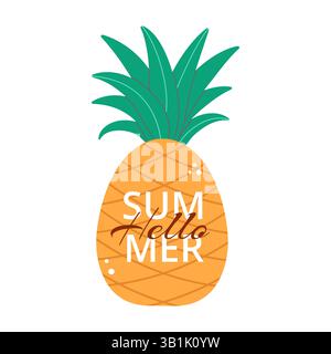 Illustration d'ananas mignon vibrant avec texte Hello Summer. Idéal pour les motifs tropicaux, estivaux ou sur le thème de la plage. Illustration de Vecteur