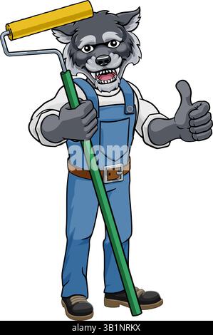 Wolf Painter Décorateur peinture rouleau mascotte homme Illustration de Vecteur
