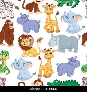 Motif lumineux sans couture avec des animaux africains. lion, éléphant, girafe, rhinocéros, singe, serpent, crocodile. hippopotame Illustration de Vecteur