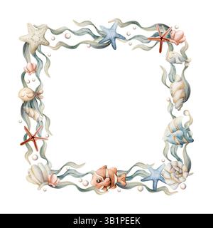 Sea Fishes Shell Starfish Seaweed Pearl Frame. Animaux marins et plantes mignons de l'océan. Adorable monde sous-marin. Isolat d'été peint à l'aquarelle à la main Banque D'Images