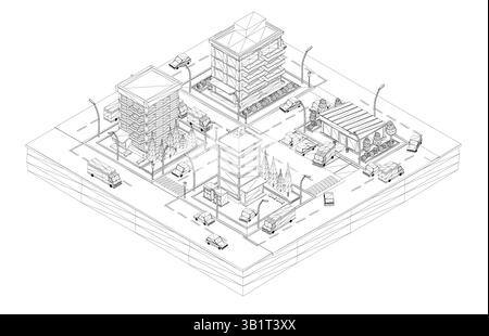Un pâté de maisons avec un bâtiment au milieu et une voiture sur la droite. Les bâtiments sont grands et la voiture est garée dans la rue. Vue isométrique Illustration de Vecteur