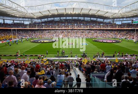 Match de rugby, Championnat de France de Rugby Club masculin, Top 14, Reale Arena, stade municipal d'Anoeta, site sportif situé à San Sebastián, Gipuzkoa, pays Basque, Espagne. Banque D'Images