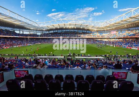 Match de rugby, Championnat de France de Rugby Club masculin, Top 14, Reale Arena, stade municipal d'Anoeta, site sportif situé à San Sebastián, Gipuzkoa, pays Basque, Espagne. Banque D'Images