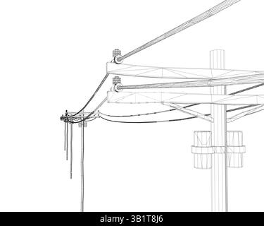 Un dessin noir et blanc d'une ligne électrique avec une corde suspendue à elle. La corde est attachée à un poteau et est suspendue vers le bas Illustration de Vecteur