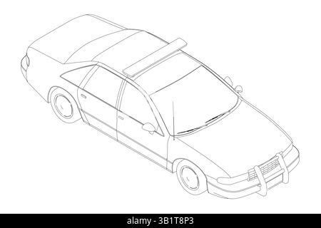Une voiture de police est dessinée en noir et blanc. La voiture est garée sur le bord de la route. Vue isométrique Illustration de Vecteur
