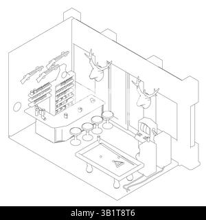 Un dessin d'un bar avec une table de billard et un mur de bois de cerf. Scene est décontracté et détendu, avec la table de billard et le bar invitant les gens à venir Illustration de Vecteur