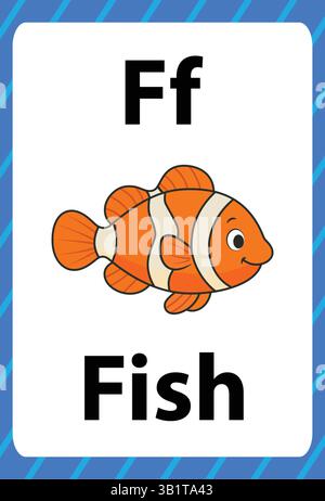 Flash Card Fish Letter F pour l'éducation des tout-petits et des enfants Illustration de Vecteur