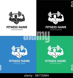 Modèle de logo de fitness dynamique avec une figure musclée avec une barre. Parfait pour la marque de gym, les équipements d'entraînement ou les promotions d'entreprise de fitness Illustration de Vecteur