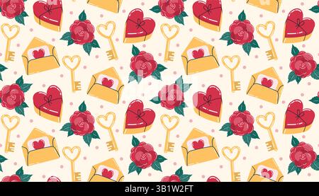 Joli motif sans couture Valentines avec boîte à bonbons coeur et enveloppe, clé en forme de coeur et fleurs de rose, pois. Papier cadeau de bonne Saint Valentin en fl Illustration de Vecteur