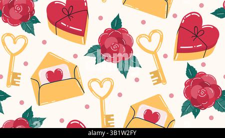 Joli motif sans couture Valentines avec boîte à bonbons coeur et enveloppe, clé en forme de coeur et fleurs de rose, pois. Papier cadeau de bonne Saint Valentin en fl Illustration de Vecteur