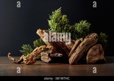 Vieux accrocs secs et branches de genièvre avec des baies sur fond noir. Une toile de fond naturelle pour la marque, l'identité et le pac des produits cosmétiques et de beauté Banque D'Images
