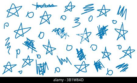 Des étoiles bleues vives et des formes abstraites dispersées sur un fond blanc créent une atmosphère ludique. Cette illustration vectorielle peut améliorer les conceptions pour Illustration de Vecteur